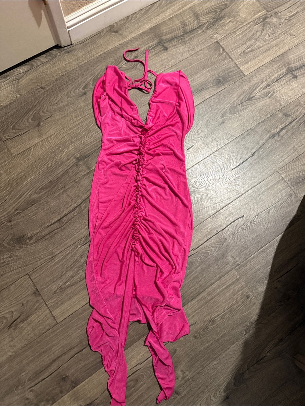 Women’s Hot Pink Ruched Halter Midi Dress